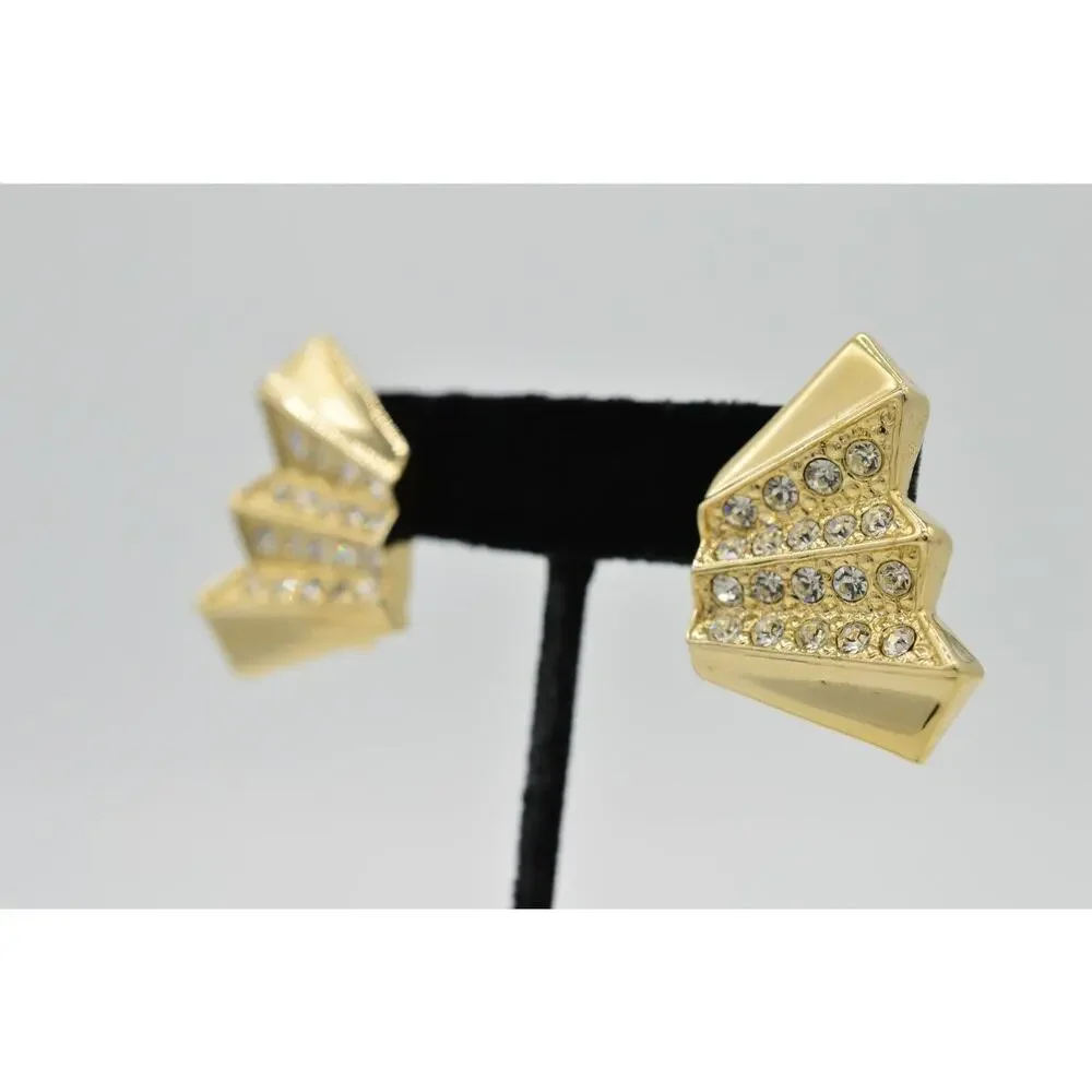 Vintage Crystal Clip On Earrings Gold Tone Sparkling Rhinestone NOS 1980s 9L
